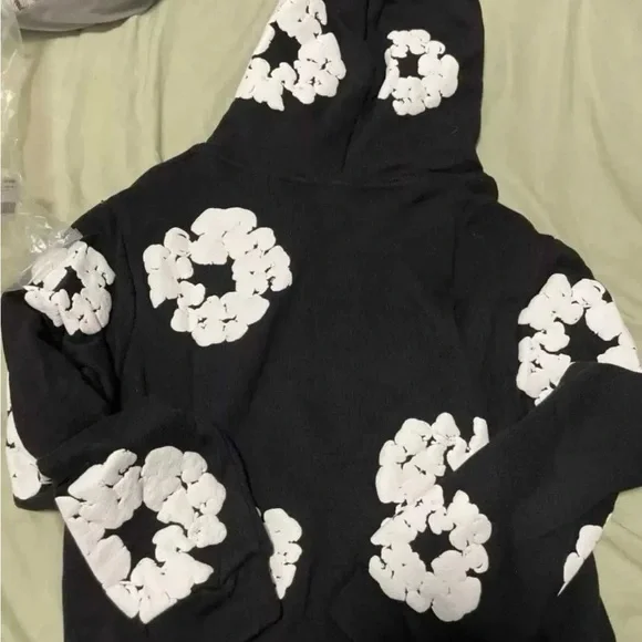 Black Hoodie with White Floral Design